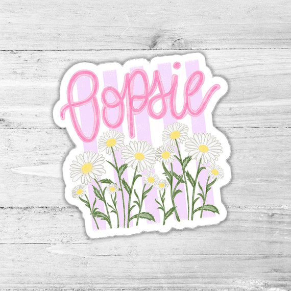 Oopsie Daisy Die Cut Vinyl Sticker, pink script 'Hope' with white daisies and green leaves on a pastel purple and white striped background.
