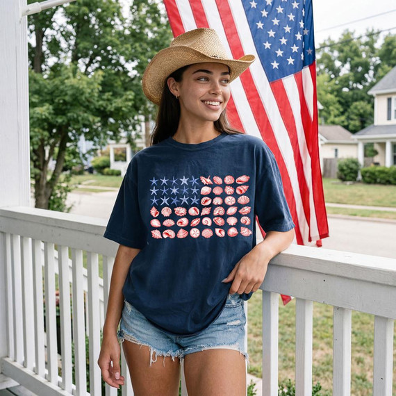 Seashell Flag DTF Heat Transfer, patriotic girl wearing navy T-shirt with seashell flag design, American flag in background, on a porch.