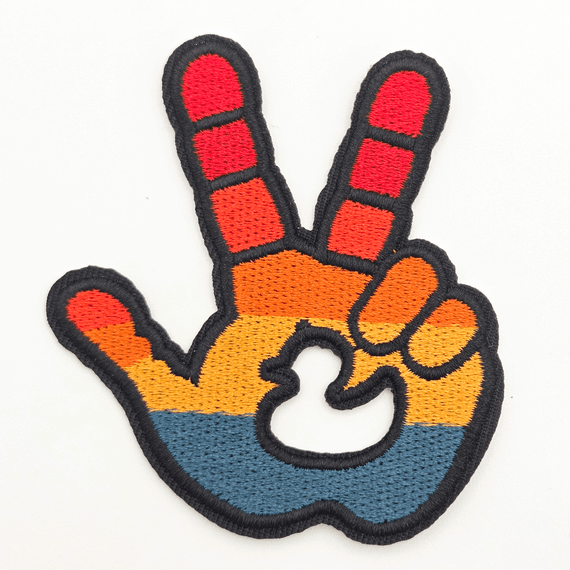 Jeep Wave Embroidered Hat Patch – 3" x 3", colorfully designed patch of a hand making a peace sign with rainbow colors and black border.