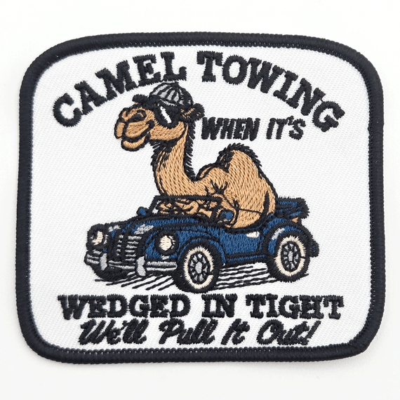 Camel Towing Hat Patch 3.5 x 3 inches, embroidered patch featuring a camel with sunglasses on a blue towing car with text 'Camel Towing' and 'Wrecked in Tight'.