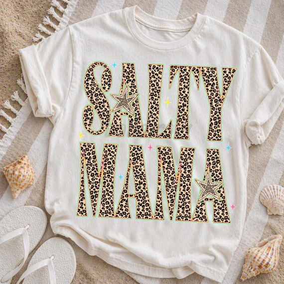 Leopard Salty Mama DTF Heat Transfer, printed on a white T-shirt.