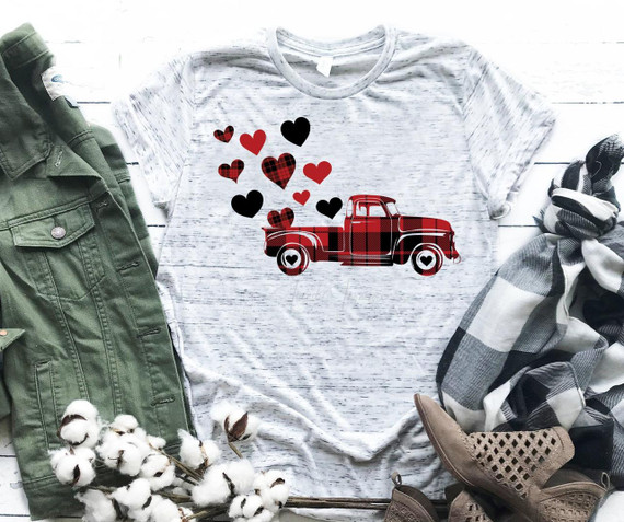 Valentine's Heart Truck Sublimation Transfer, a graphic design of a vintage truck with hearts in red and black plaid pattern on a light heather gray t-shirt.
