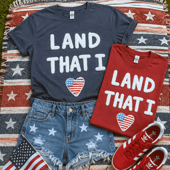 Land That I Love fluffy patch with soft raised white lettering and patriotic American flag heart detail, lightweight textured iron-on patch for patriotic apparel, Fourth of July shirts, Americana sweatshirts, and boutique clothing collections.Soft texture. Patriotic charm. Boutique bestseller potential. ❤️  This Land That I Love Fluffy Patch combines dimensional raised lettering with a patriotic heart accent to create a design that instantly adds depth, texture, and visual interest to any garment.  The fluffy finish gives apparel that premium boutique look customers love while remaining lightweight and comfortable. Unlike heavy embroidery or bulky appliqués, this patch creates a soft-touch textured effect that adds dimension without weighing down the garment.  Featuring oversized fuzzy lettering paired with a stars-and-stripes heart, this design captures everything shoppers love about Americana style. It's perfect for patriotic collections, summer launches, holiday drops, and year-round American-inspired apparel.  Give your customers something they can actually feel.  This textured patch transforms ordinary sweatshirts, tees, and pullovers into elevated boutique pieces with minimal production time. The raised fluffy texture photographs beautifully for ecommerce listings, social media content, live sales, and product videos, making it a strong addition to apparel collections built around Memorial Day, Fourth of July, Veterans Day, summer vacations, lake weekends, concerts, and Americana fashion.  The combination of soft texture and patriotic styling creates a timeless look that returns season after season, helping apparel businesses offer premium-feeling products without complicated production methods.  Lightweight. Soft-touch. Americana approved.  Features Oversized fluffy raised lettering Patriotic American flag heart detail Soft textured finish Dimensional appearance without added bulk Lightweight construction Boutique-quality look and feel Heat press ready Easy application Premium apparel embellishment Designed for sweatshirts, tees, pullovers, and more Perfect For Patriotic apparel collections Fourth of July launches Memorial Day merchandise Veterans Day collections Americana apparel Summer fashion drops Boutique graphic apparel Live sale inventory Social media product launches Custom apparel businesses Suggested Apparel Pairings Navy crewnecks Red graphic tees White sweatshirts Chambray apparel Oversized pullovers Americana collections Summer boutique launches Patriotic holiday apparel Why Customers Love It  Customers are increasingly drawn to apparel that offers more than just a printed graphic. Textured embellishments continue to trend because they create a premium look and feel while adding visual dimension that stands out both online and in person.  The fluffy raised lettering creates a cozy, touchable finish while the patriotic heart adds a classic Americana element that works across multiple seasons and holidays. The result is a versatile design that feels festive without being limited to a single occasion.  Application Instructions Remove the protective backing sheet from the patch. Position the patch with the adhesive side facing down onto the garment. Press at 325°F for 15 seconds using medium pressure. Allow the patch to cool before checking adhesion. Repress if necessary for optimal bonding.  Always test on a sample garment before bulk production.  Mock-Up  Gildan Softstyle Navy & Red
