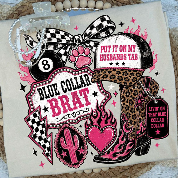 Blue Collar Brat DTF Heat Transfer, colorful design featuring tattoo-style images, text, and accessories.