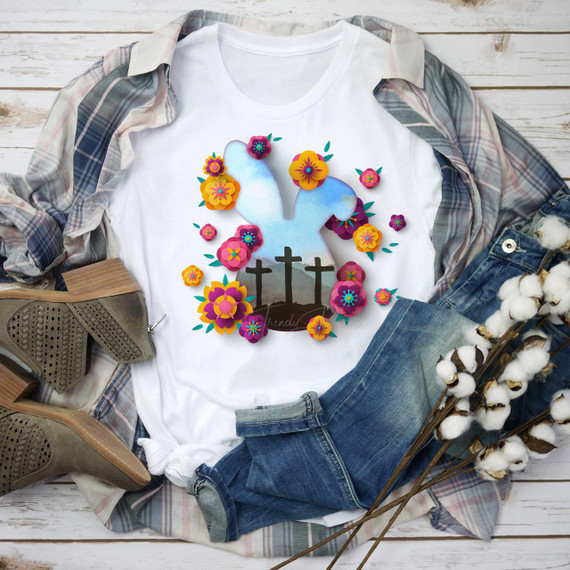 Easter Bunny 3 Crosses Sublimation Transfer, product featuring a pastel-colored bunny with floral designs and crosses for Easter-themed crafts.
