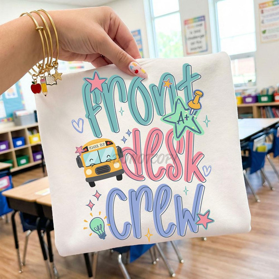 Front Desk Crew DTF Heat Transfer, colorful school-themed design with a school bus, stars, and lightbulb on a white fabric tote bag.