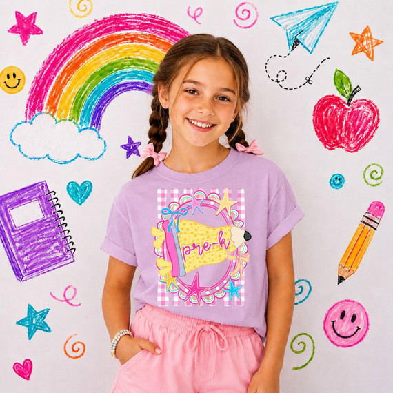 Preppy Grade Pennant DTF Heat Transfer, colorful girl wearing a purple T-shirt with a decorative school-themed design, surrounded by hand-drawn rainbow, stars, smiley faces, and school items on a white background.