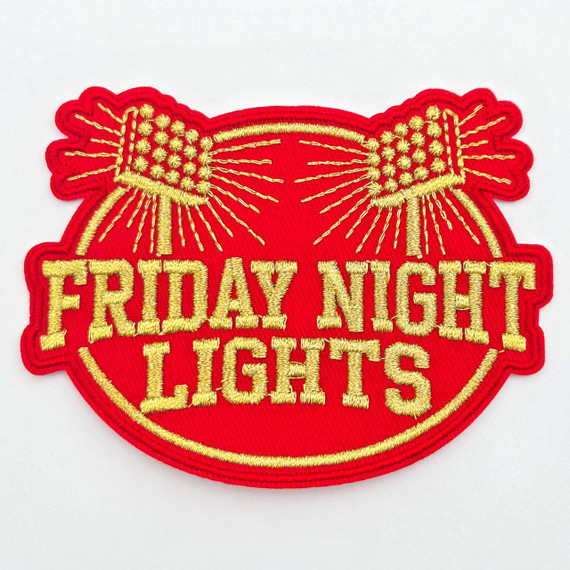 Red Friday Night Lights with Metallic Gold Embroidered Hat Patch, 4x3 inches, featuring two fireworks and bold embroidered text.