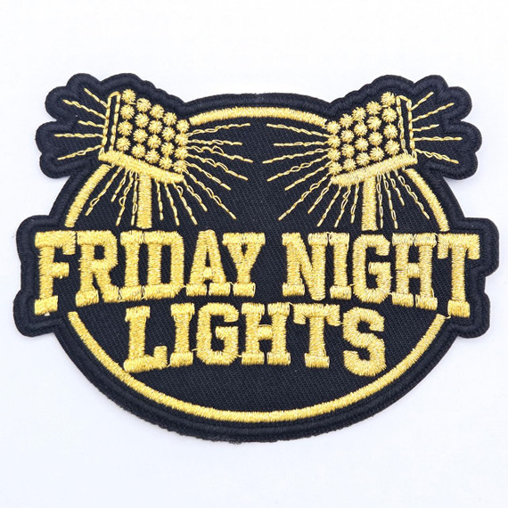 Black Friday Night Lights With Metallic Gold Embroidered Hat Patch, 4x3 inch, featuring shooting stars and bold text.