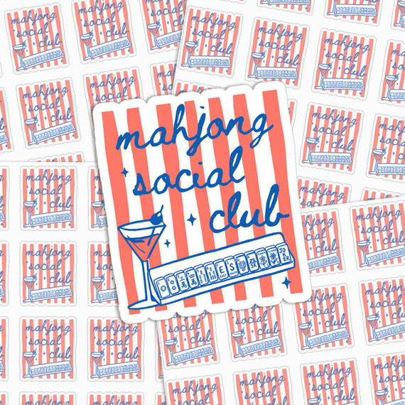 Mahjong Social Club Vinyl Sticker Sheet, Waterproof & Weatherproof, featuring a design with a cocktail glass, Mahjong tiles, and text in blue on a striped red and white background.