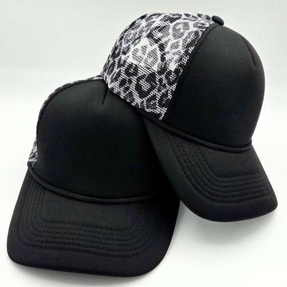 Black Leopard Print Foam Trucker Hat, black trucker hat with leopard print mesh on the front panel.
