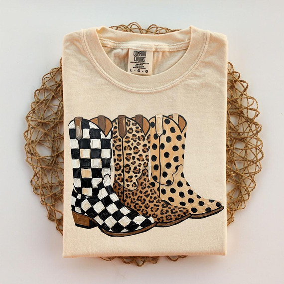 Patterned Western Boots DTF Heat Transfer, featuring black and white checker motif, leopard print, and polka dot design.