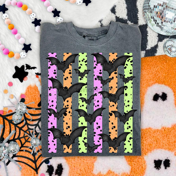Halloween Bat Stripes DTF Heat Transfer, colorful striped and bat graphic design on gray T-shirt for Halloween celebration.