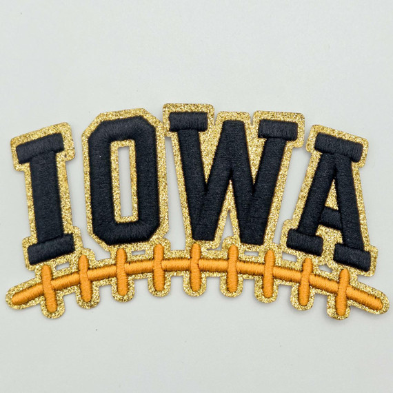 Iowa Football Puff Embroidered Glitter Hat Patch, black embroidered letters with glittery gold outline and orange football laces design.