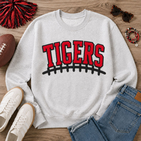 Red Chenille Tigers with Black accents with football laces patch on an ash crewneck