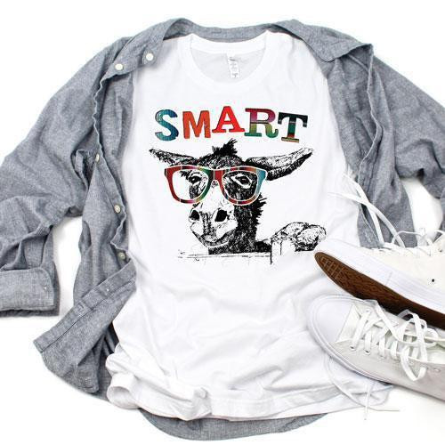 Serape Smart Donkey Sublimation Transfer, designed graphic T-shirt featuring a donkey wearing glasses with the word SMART in colorful letters.