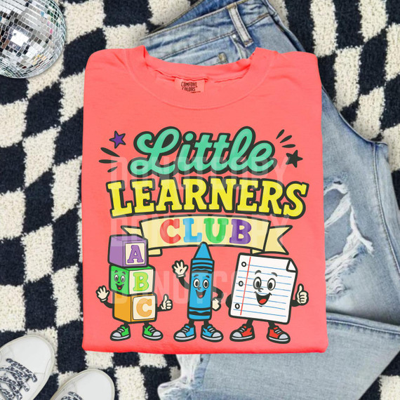 Little Learners Club DTF Heat Transfer, colorful children's T-shirt with cartoon characters and educational design.