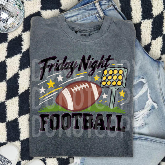 Friday Night Lights DTF Heat Transfer, gray T-shirt with football and stadium light graphics for sports fan apparel.