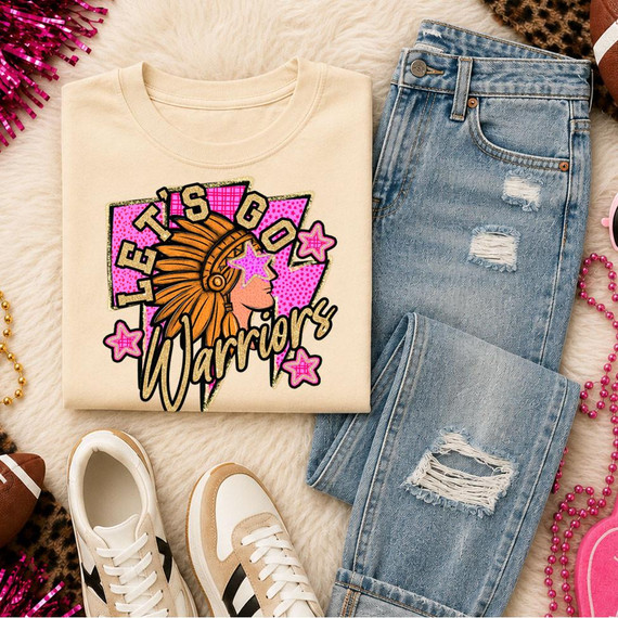 Pink Glitter Mascot - 62 teams - DTF Heat Transfer, featuring a colorful design of a warrior mascot with the text 'Let's Go Warriors' on a beige sweatshirt, surrounded by casual clothing and accessories.