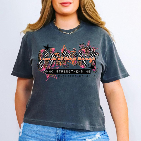 Christ Philippians 4:13 DTF Heat Transfer, colorful and bold graphic T-shirt design featuring the biblical quote with star and leopard print accents.
