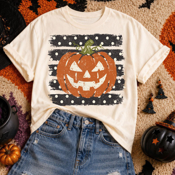 Jack O'Lantern DTF Transfer, Halloween pumpkin design on a white t-shirt.