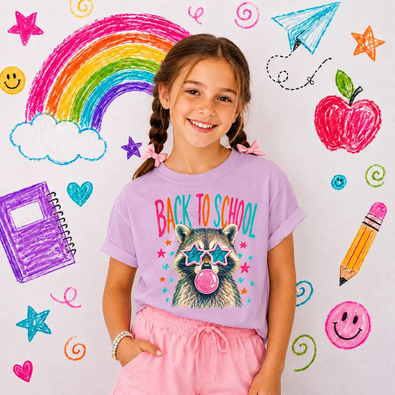 Back to School Raccoon DTF Heat Transfer, colorful raccoon graphic with star sunglasses and bubble gum on a girl's t-shirt