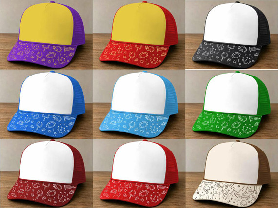 Kickoff Collection Football Doodle Structured Cotton Trucker Hats, Assorted colorful caps with football and sports doodle designs.