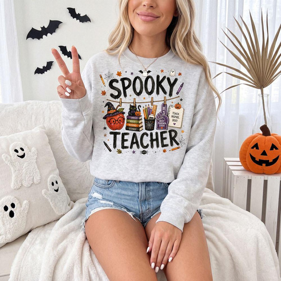 Spooky Teacher DTF Transfer, Halloween-themed Halloween shirt with fun teacher graphics and decorations.