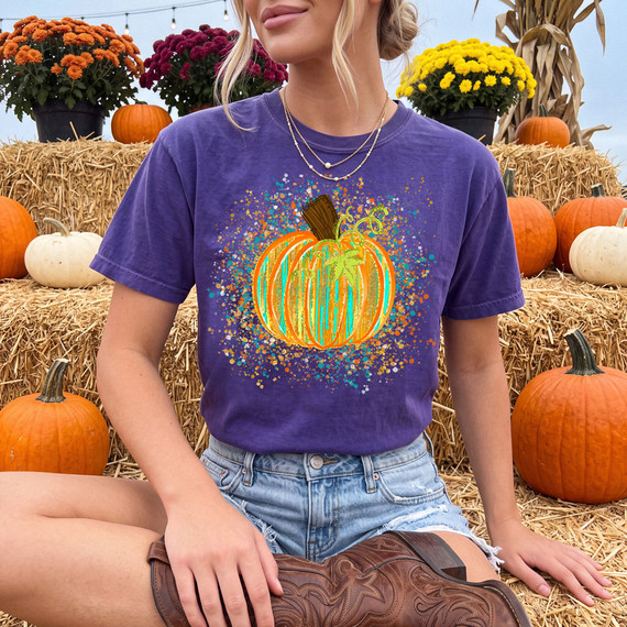 Faux Glitter Paint Splatter Pumpkin DTF Heat Transfer