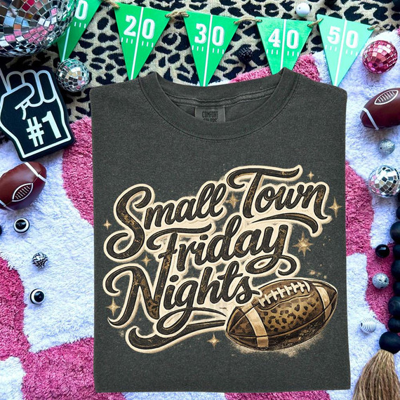 Small Town Friday Nights DTF Heat Transfer, graphic design with football and leopard print pattern on a T-shirt.