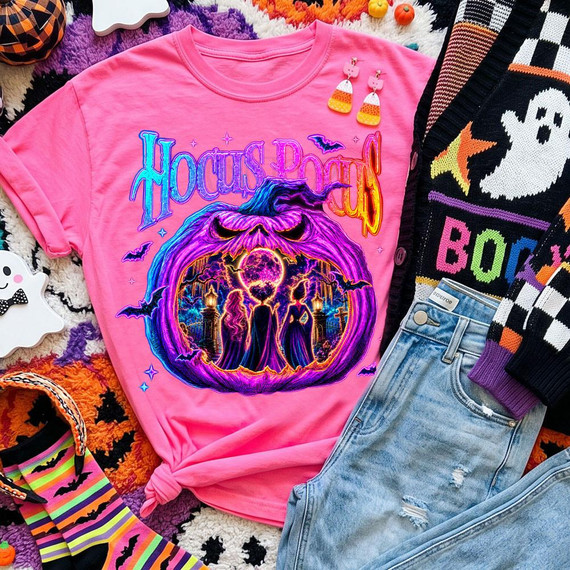 HP Pumpkin DTF Heat Transfer, neon Halloween-themed pumpkin with skeleton inside and spooky scenery, on pink T-shirt.