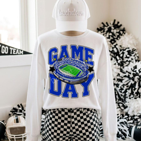 Game Day Stadium DTF Transfers | Football Spirit Color Collection, sports-themed football stadium design on a white sweatshirt.
