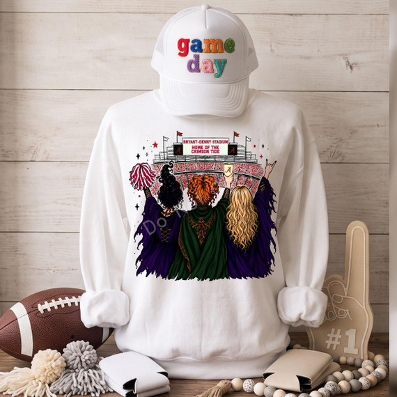 Sanderson Sisters Football Stadium DTF Transfers | Game Day Witches Mascot Collection, illustrated design featuring three witches at Bryant-Denny Stadium cheering for Alabama Crimson Tide football.