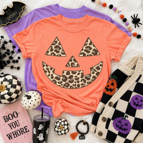 Faux Stitch Leopard Jack O Lantern DTF Heat Transfer