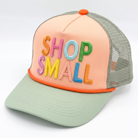 Shop Small Puff Embroidered Hat Patch | Heat Press Patch, colorful embroidered letters on pastel pink and green trucker hat.
