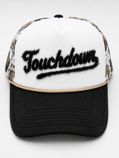 Touchdown Fluffy Hat Patch, stylish trucker cap with embroidered black fluffy 'Touchdown' text on a white front panel.