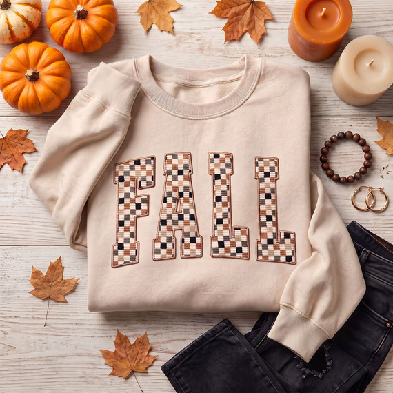 12 inch FALL corduroy plaid fabric applique in neutral brown, cream, black and tan colors displayed on a cream sweatshirt.