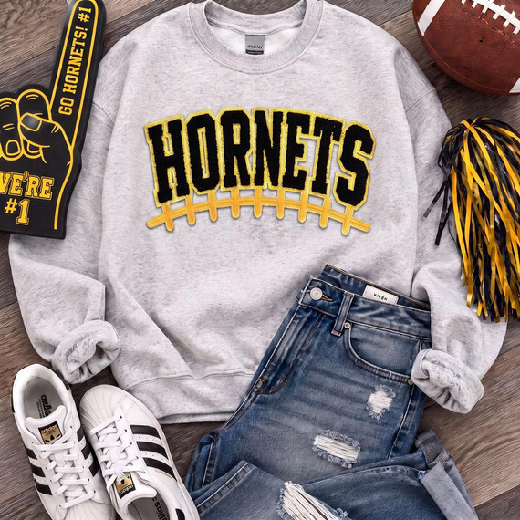 Hornets Black and Yellow Chenille Football Laces Patch, close-up of the patch designed for sports apparel.
