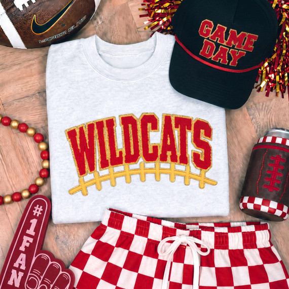 Wildcats Red & Gold Chenille Football Patch, embroidered patch featuring the word 'WILDCATS' in red with gold outline and a yellow football underneath.