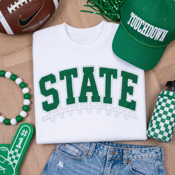 State Green & White Chenille Football Patch, green and white chenille football patch with the word 'STATE' on a white shirt.