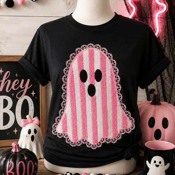Pink Striped Ghost Lace Patch, Halloween heat press patch on black T-shirt with ghost design