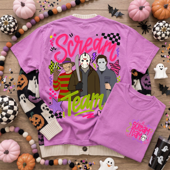 Scream Team Halloween DTF transfer set featuring a small coordinating pocket design and large colorful back design with three slasher-inspired horror characters, neon lettering and retro Halloween accents.