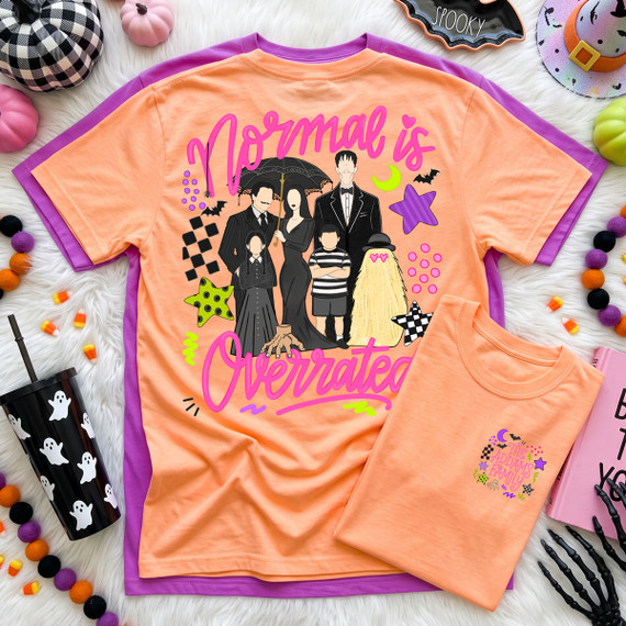 Normal Is Overrated Halloween DTF transfer set with a colorful spooky gothic family large back design and coordinating pocket-size front transfer in pink, purple, lime green and black.