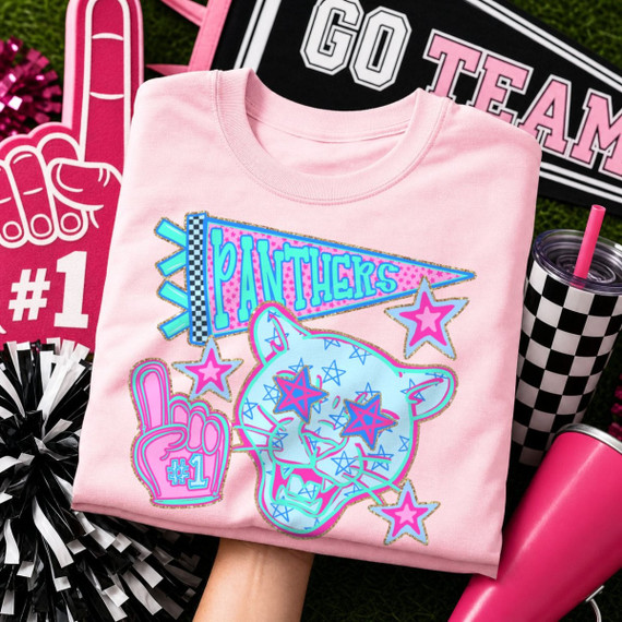 Panthers mascot DTF transfer with star-print panther head and pennant flag in a preppy pink and blue school spirit style