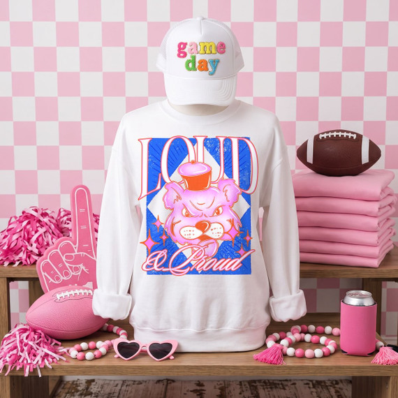 Loud & Proud bear mascot DTF transfer in pink and blue retro varsity style