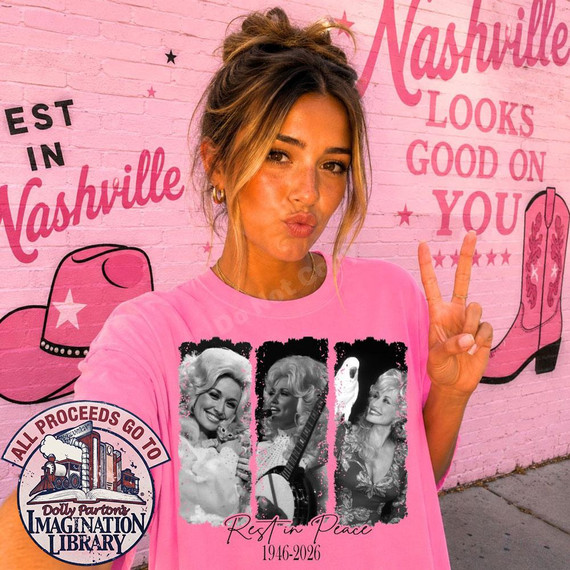Rest In Peace Country Legend BLACK DTF Transfer Vintage Photo Tribute Design, memorial T-shirt honoring country singer Dolly Parton with black and white images and the text 'Rest in Peace 1946-2026'.