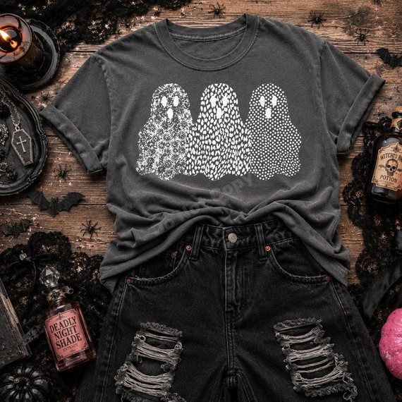 Patterned Trio Ghosts DTF Transfer, floral, leopard, and polka dot Halloween design on a dark gray t-shirt.