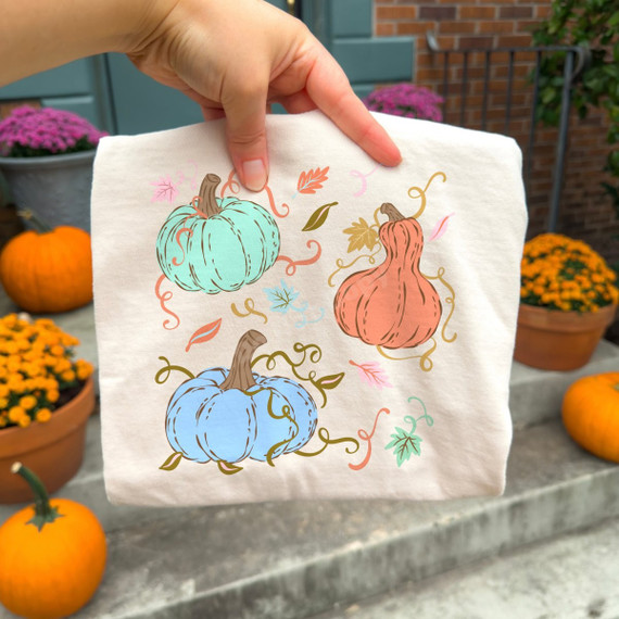 Pastel pumpkins and gourds DTF transfer with mint, blue, and terracotta pumpkins, vines, and autumn leaves