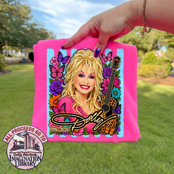 Dolly Tribute DTF Transfer, product featuring a colorful floral design with Dolly Parton, butterflies, and a guitar.