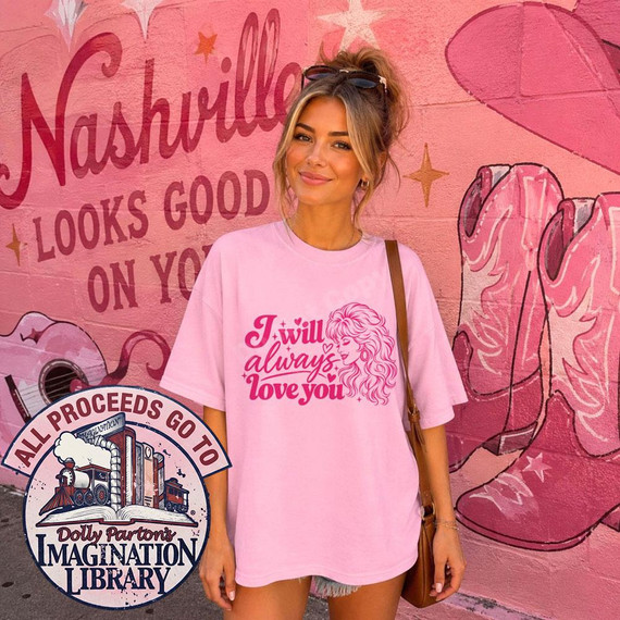 I Will Always Love You DTF Transfer, retro country music design on pink background with a woman wearing a pink T-shirt with the quote and illustration, colorful and artistic style.